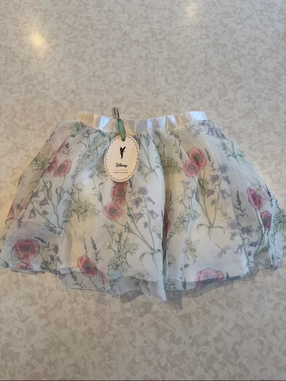 Janie and Jack Disney White Floral Tulle Skater Skirt with Pink & Green Print
